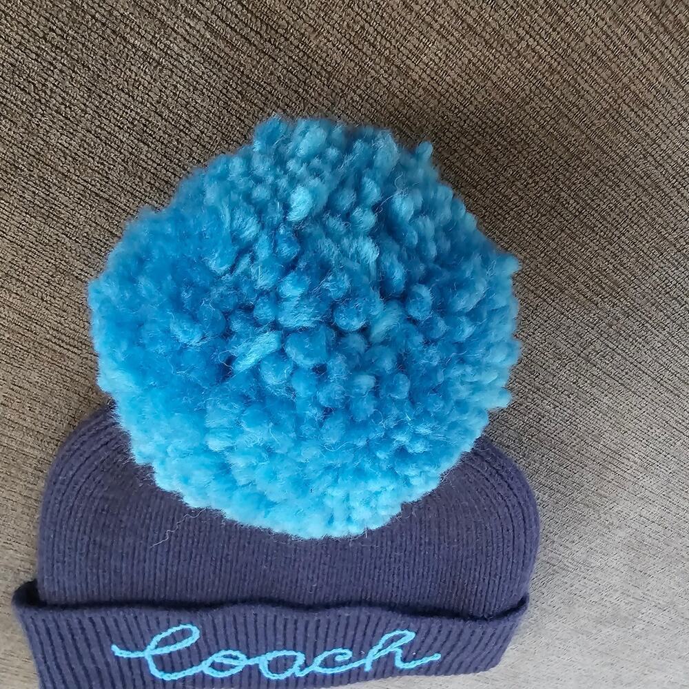 Coach Women's Deep Blue Embroidered Script Logo Knit Pompom Beanie Size One Size - Picture 3 of 7